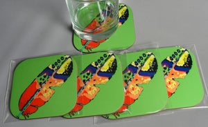 Coaster, Feather on Neon Green Background, Native Art