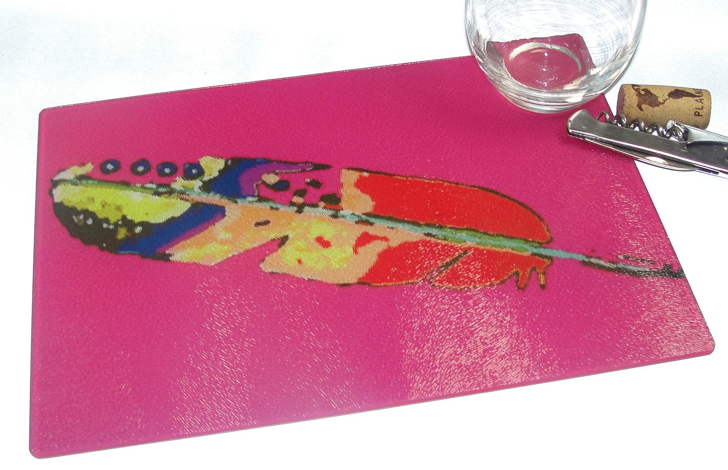 Cutting Board, Glass, Feather with Magenta Pink Background