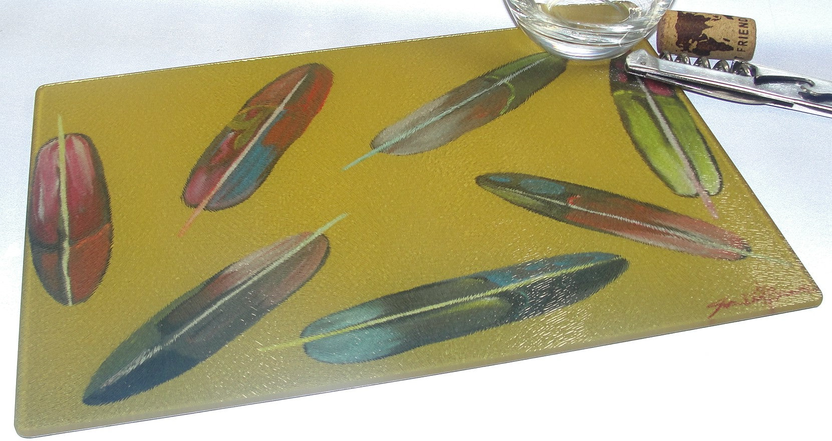 Cutting Board, Glass, Feathers