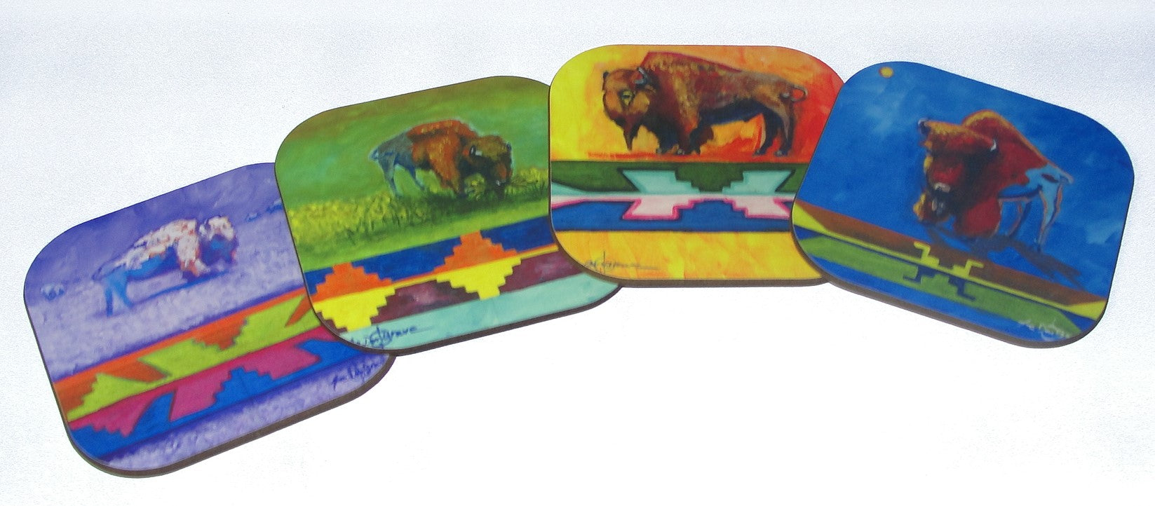 Coaster, Bison on Yellow background with Ribbonwork