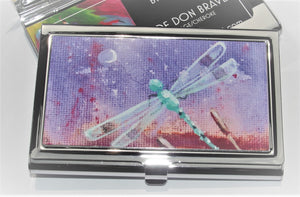 Business Card Holder, Dragonfly on Purple Background