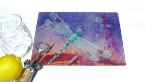 Cutting Board, Glass, Dragonfly on Purple Background