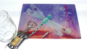 Cutting Board, Glass, Dragonfly on Purple Background