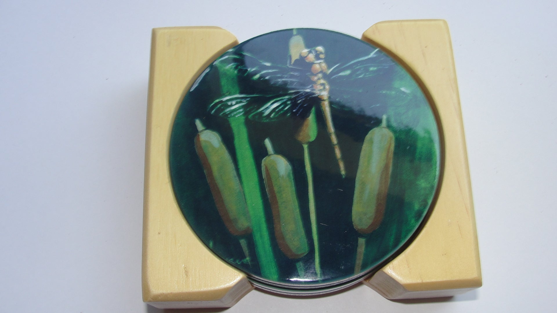 Coaster Set of 4; Ceramic: Dragonfly on Cattails