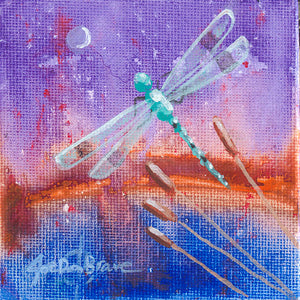 Print, Dragonfly on Purple with Cattails