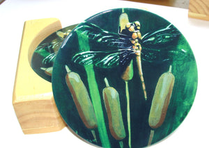 Coaster Set of 4; Ceramic: Dragonfly on Cattails