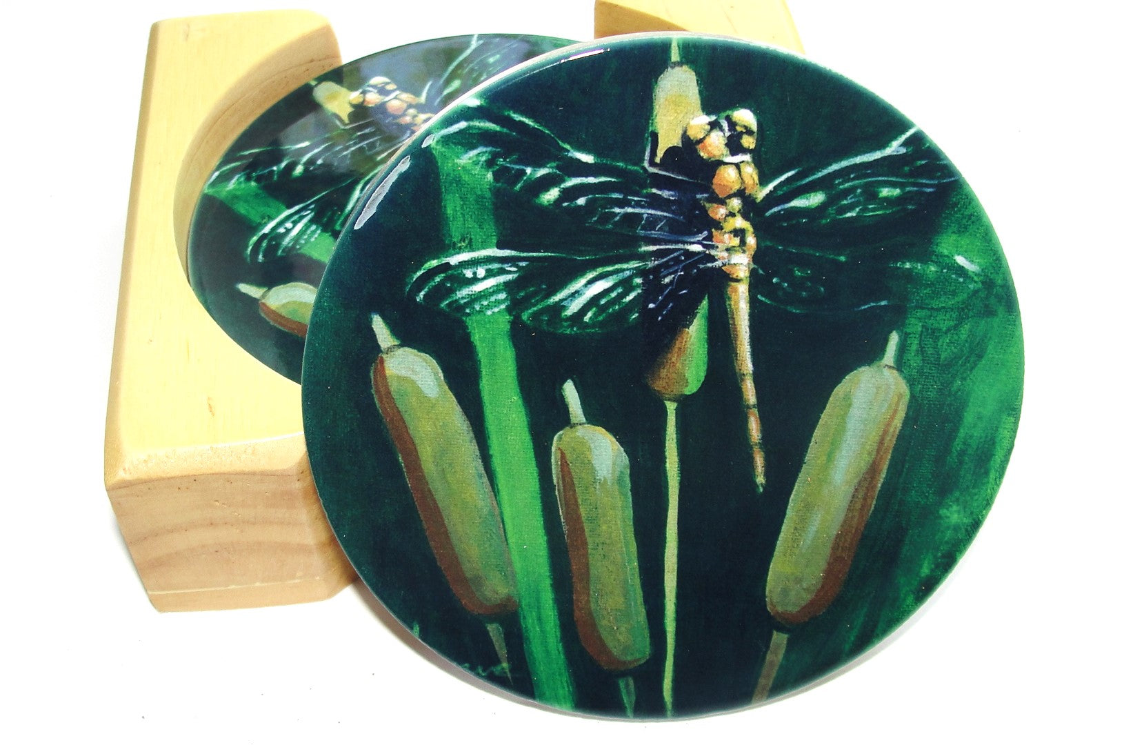 Coaster Set of 4; Ceramic: Dragonfly on Cattails