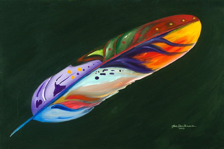 Print, Feather of Many Colors on Green