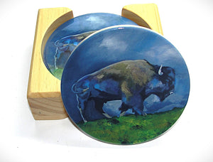 Coaster Set of 4; Ceramic: Spring Bison