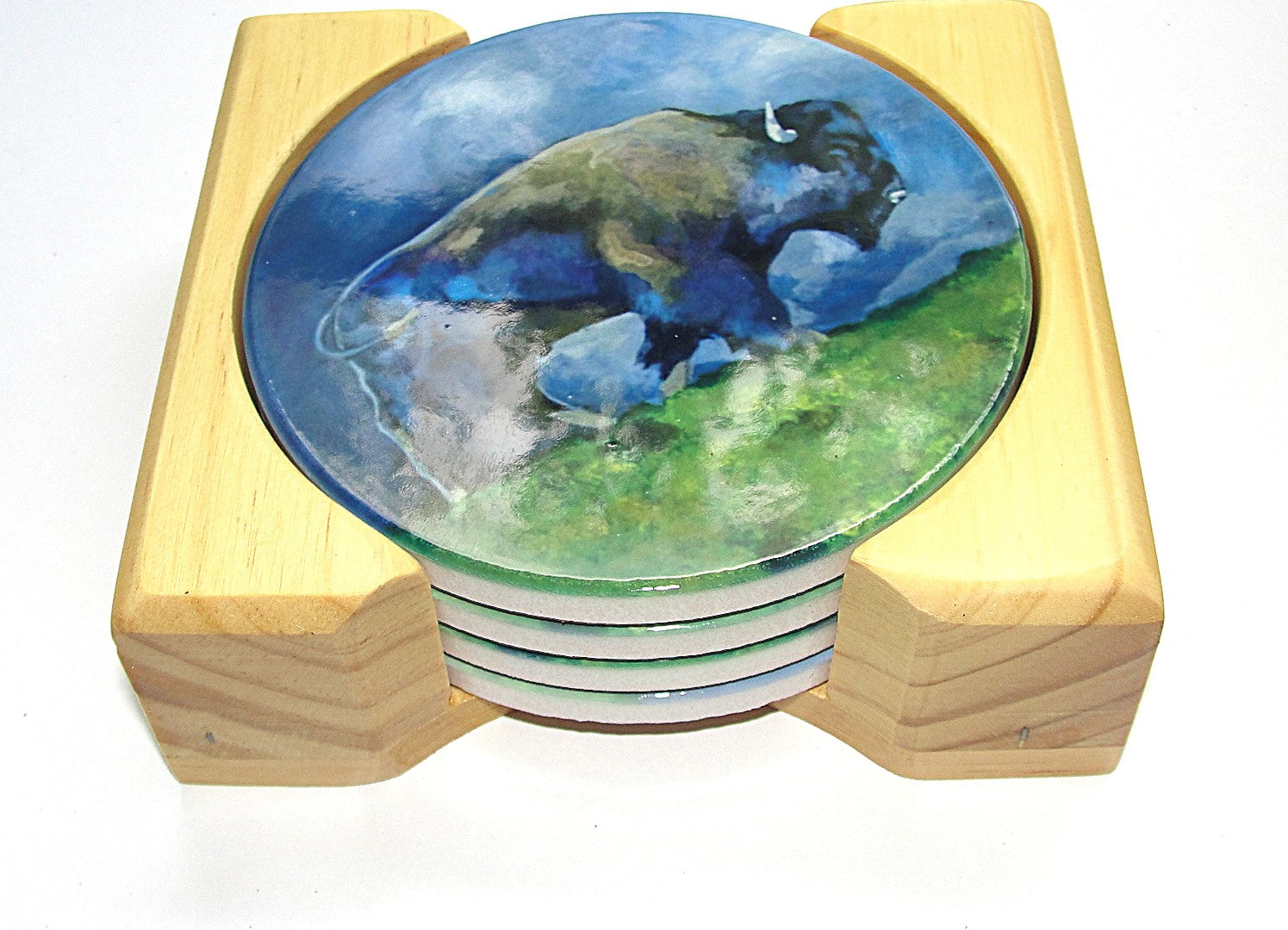 Coaster Set of 4; Ceramic: Spring Bison