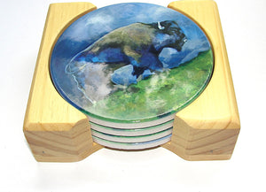 Coaster Set of 4; Ceramic: Spring Bison