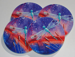 Coasters, Set of 4, Dragonfly on Purple Cattails