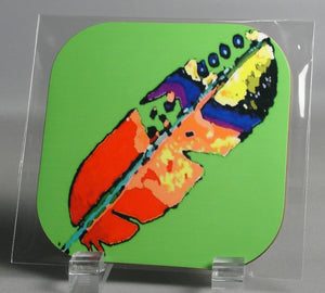 Coaster, Feather on Neon Green Background, Native Art