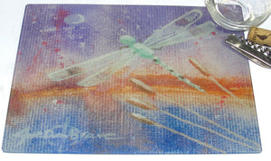 Cutting Board, Glass, Dragonfly on Purple Background