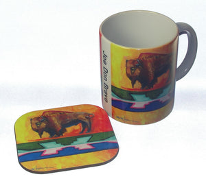 Coaster, Bison on Yellow background with Ribbonwork