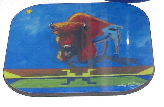 Coaster, Bison on Blue background with Ribbonwork