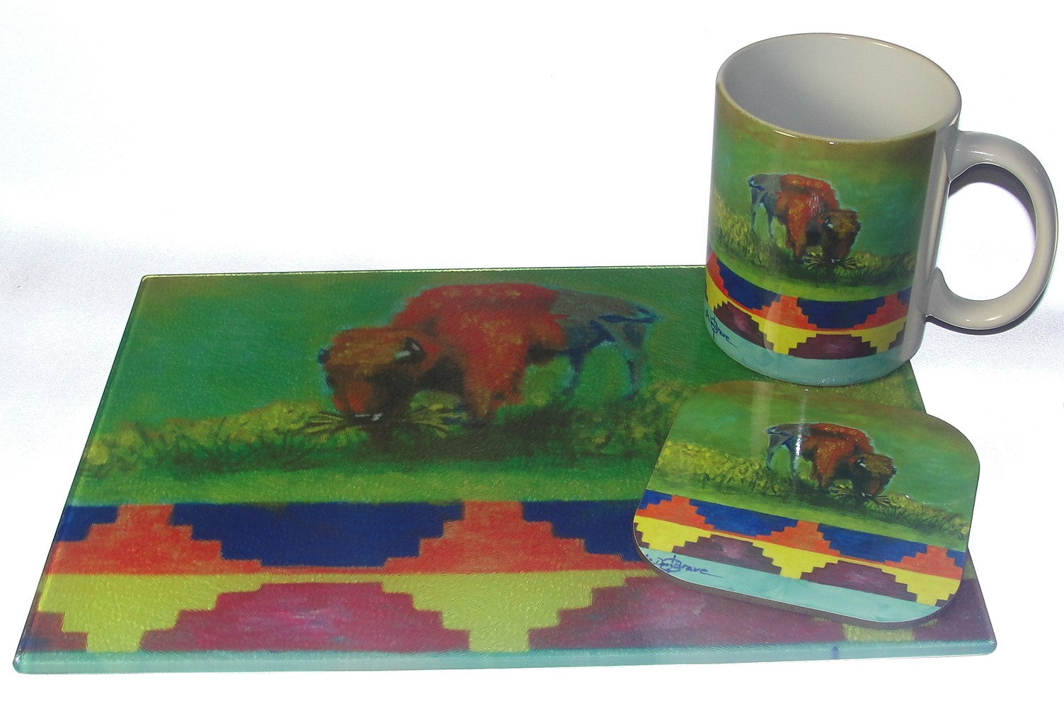 Coaster, Bison on green background with Ribbonwork