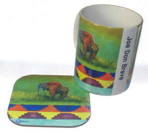 Coaster, Bison on green background with Ribbonwork