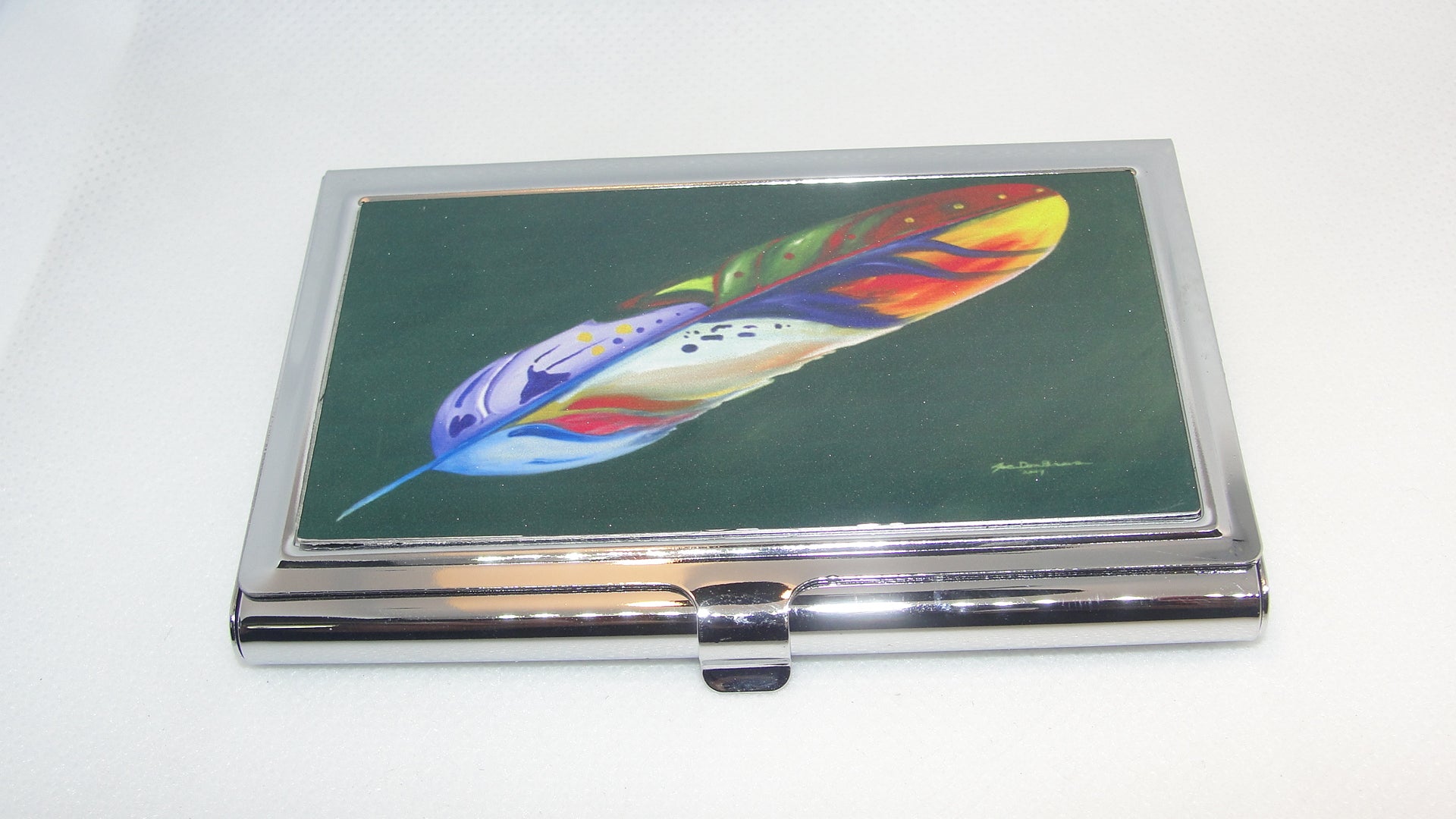 Business Card Holder, Feather of Many Colors