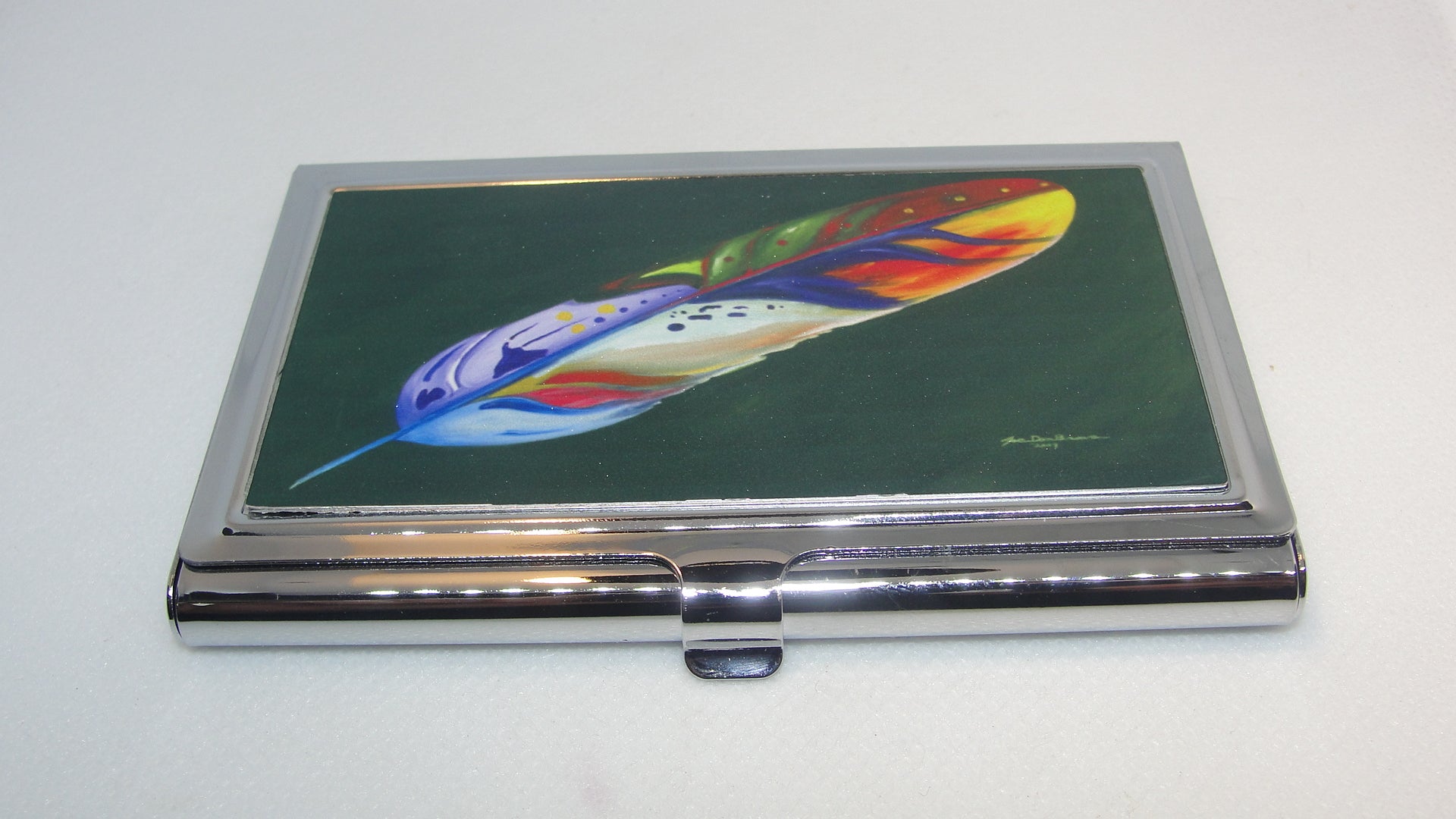 Business Card Holder, Feather of Many Colors
