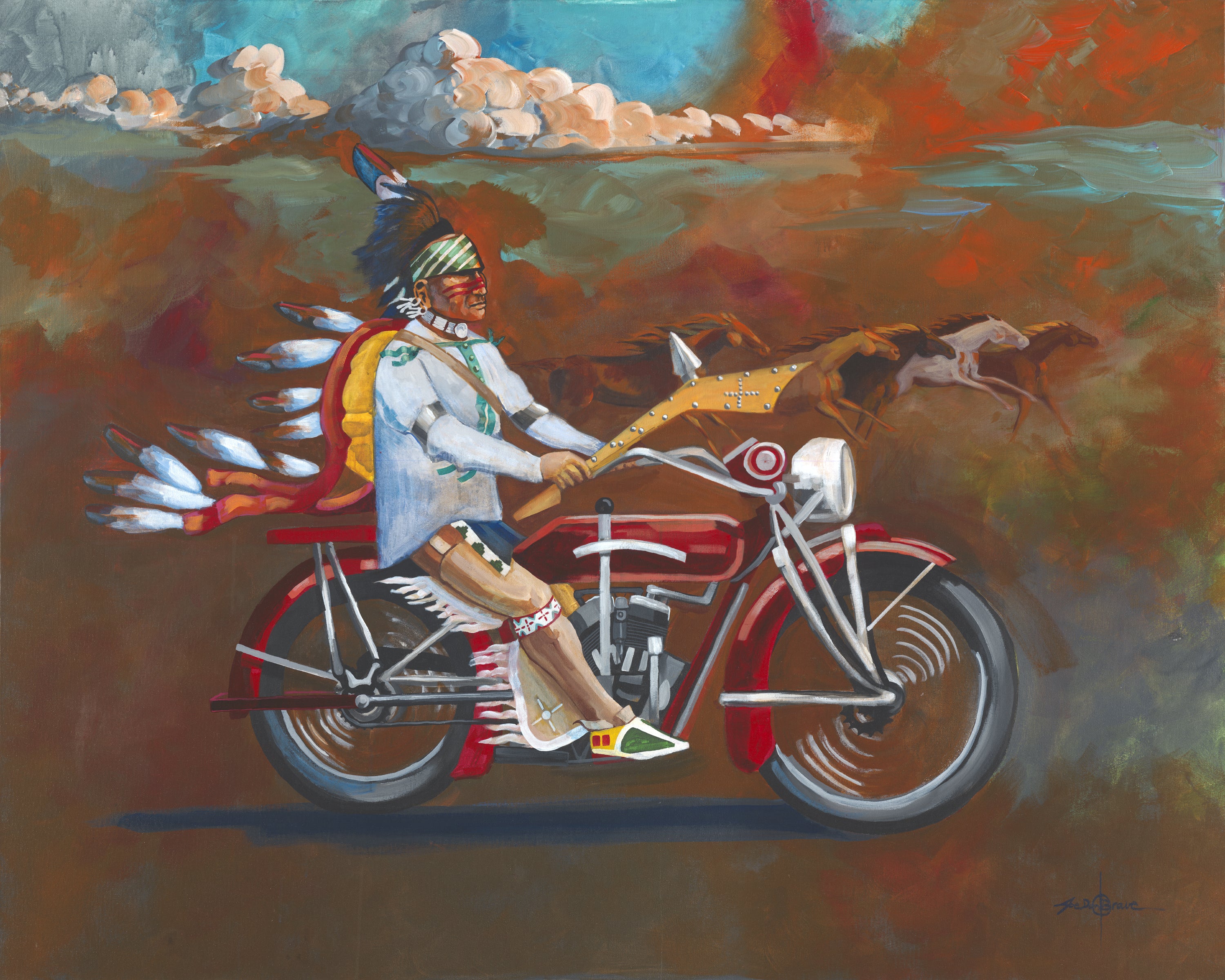 Print, Unbroken, Osage Warrior riding an Indian Motorcycle circa 1918